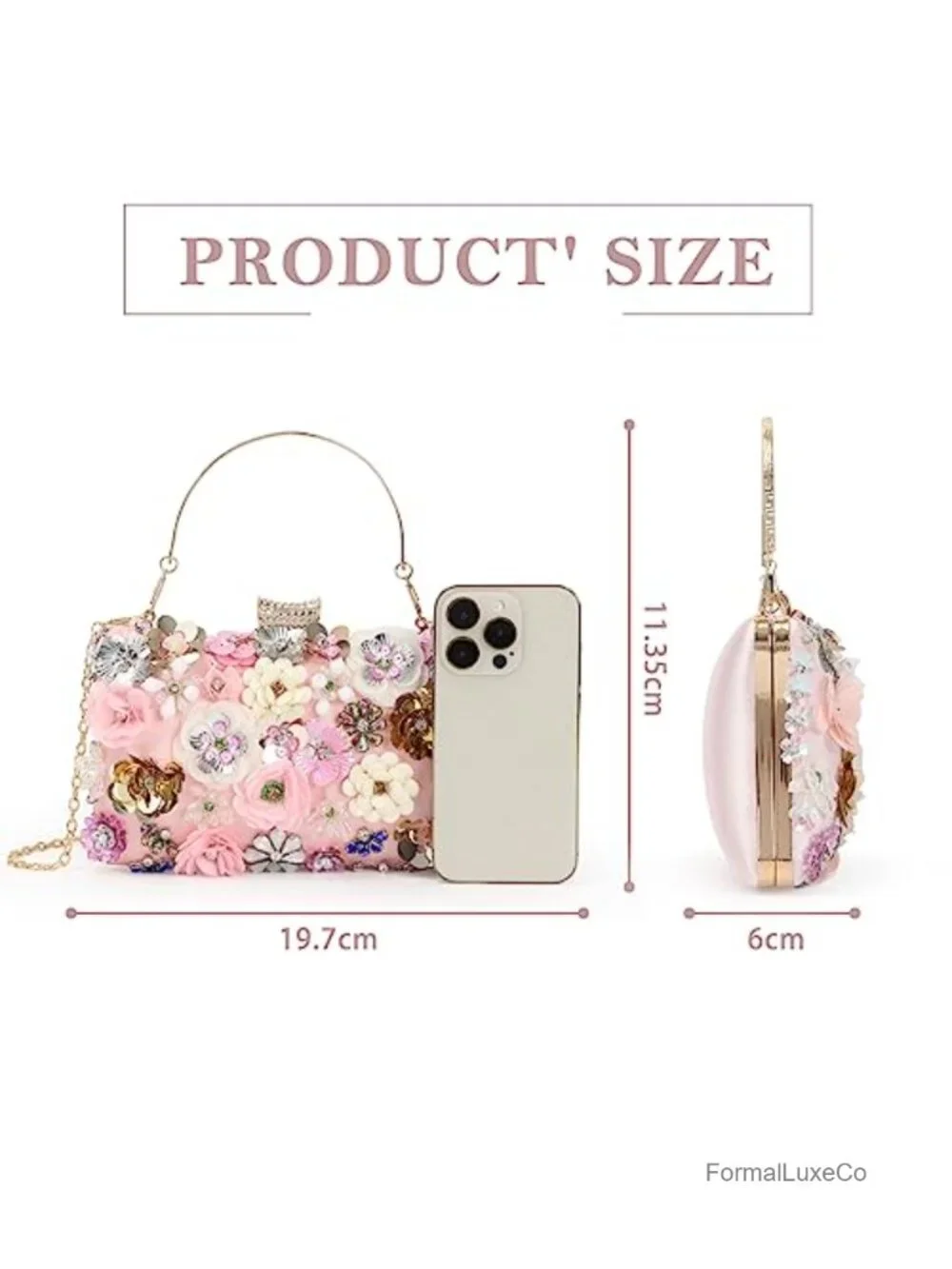 Evening Clutch Handbag with Multi-Colored 3D Flowers and Chain Strap